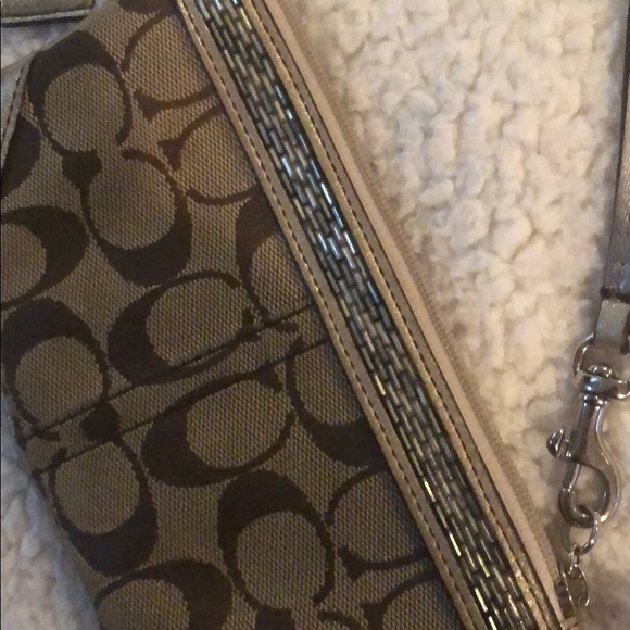 Gold & Bead Trim Coach Signature Jacquard Wristlet - Picture 4 of 5